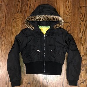 Girls short jacket with faux fur trimmed hood